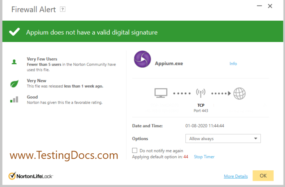 Appium Firewall Alert