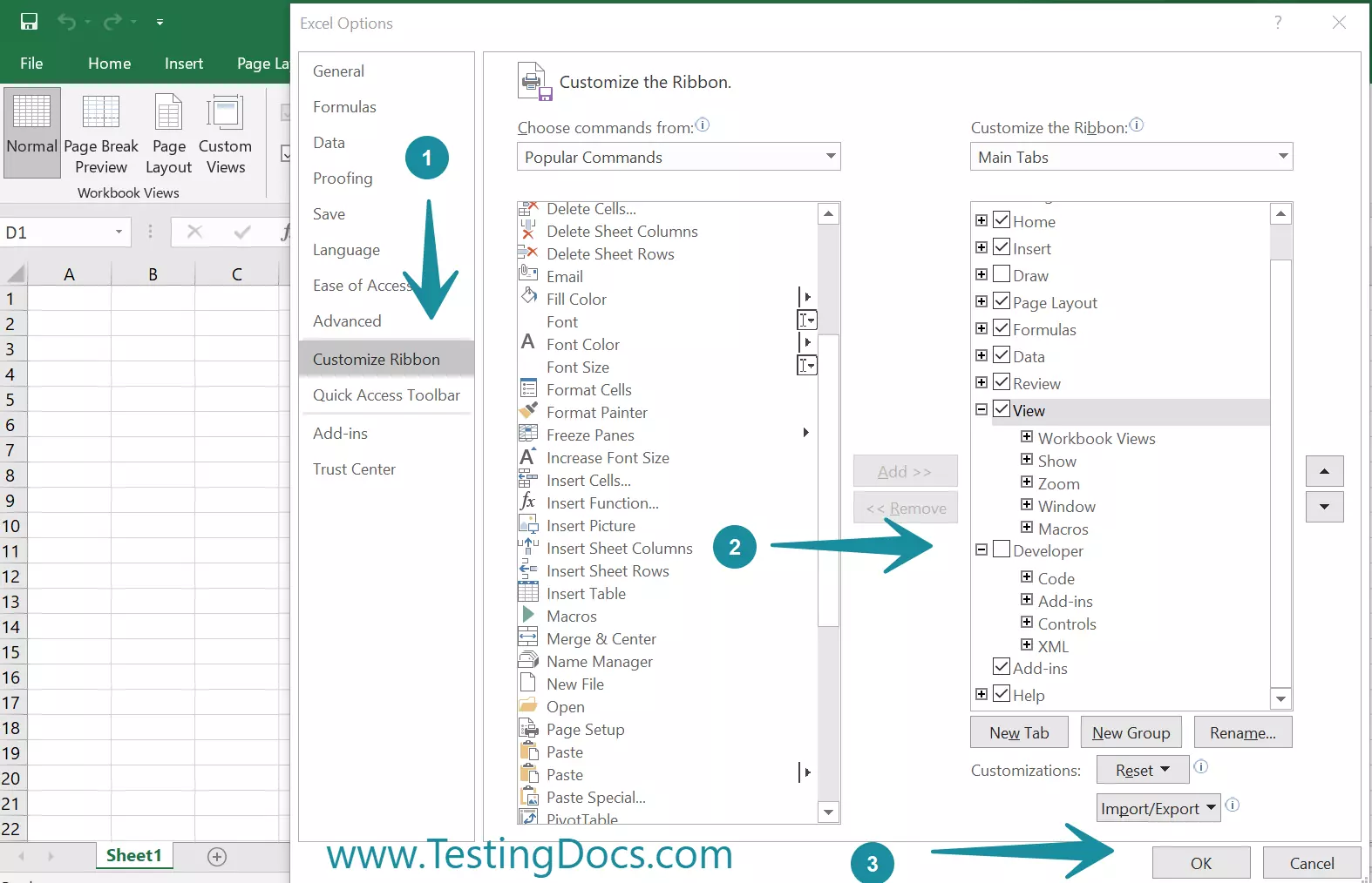how to turn on the developer tab in excel