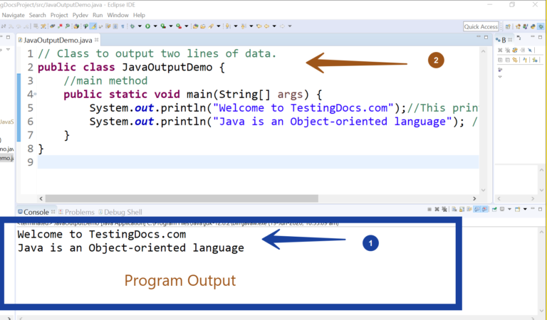 Write a java program to output two lines - TestingDocs.com