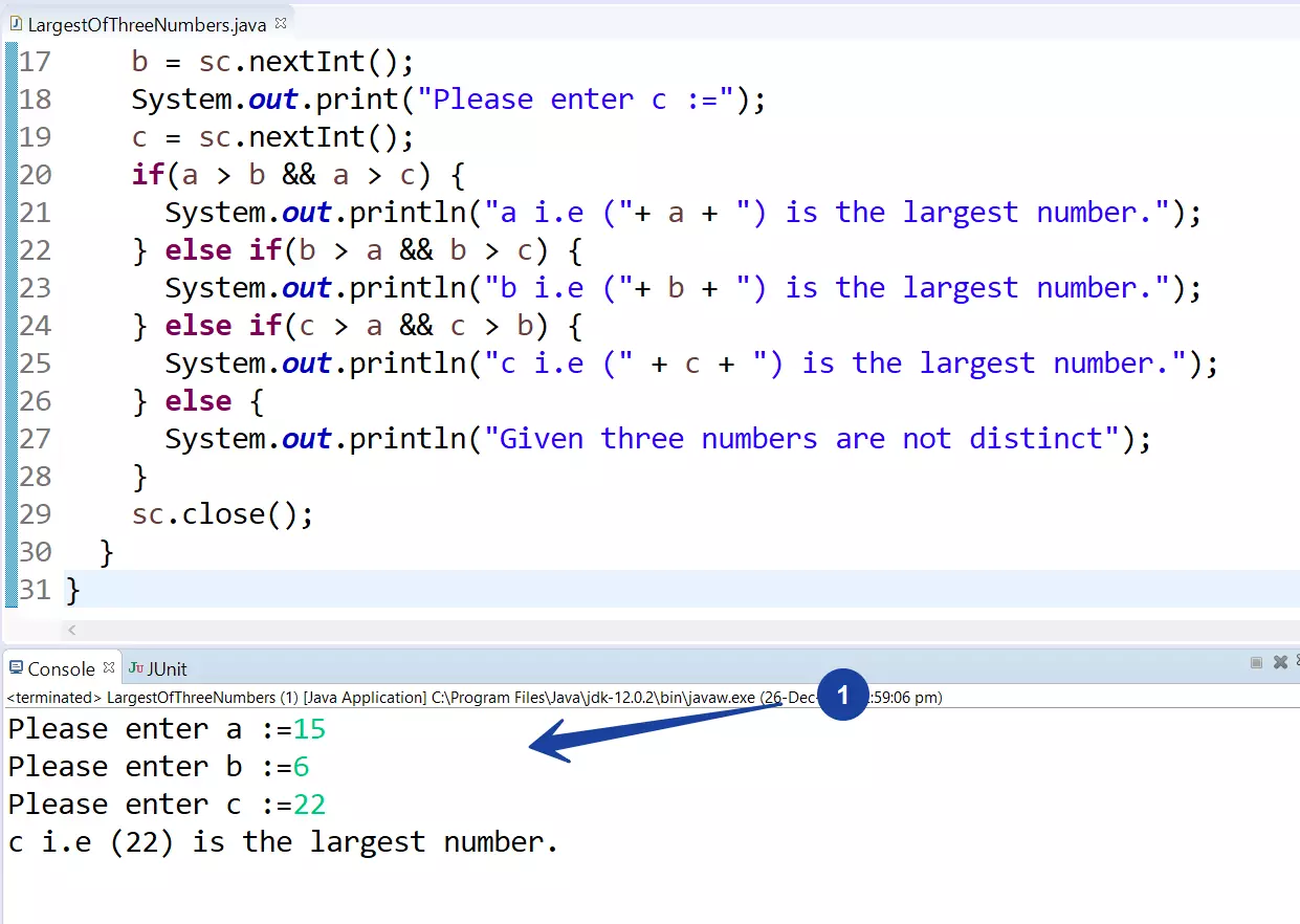 Largest of Three Numbers Java program