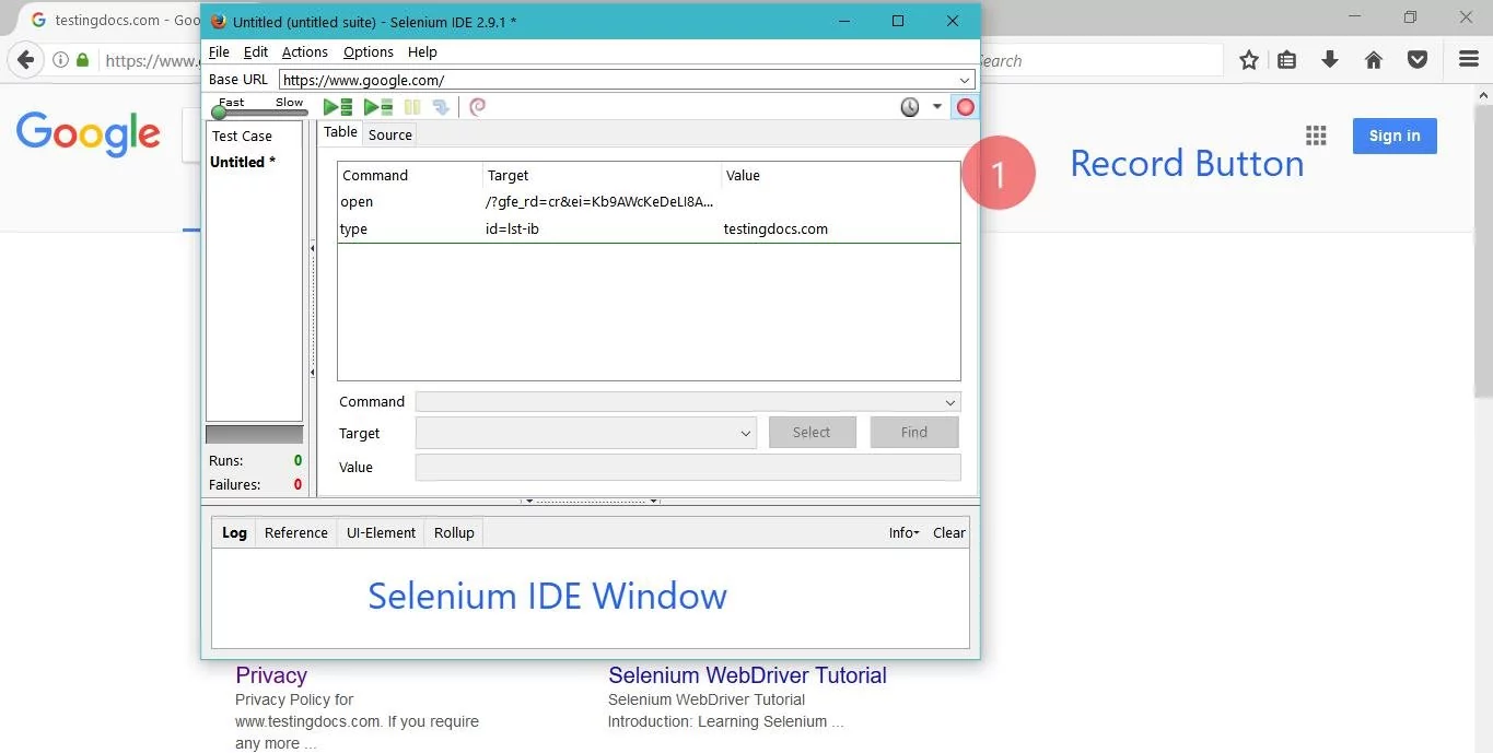 Selenium IDE Window