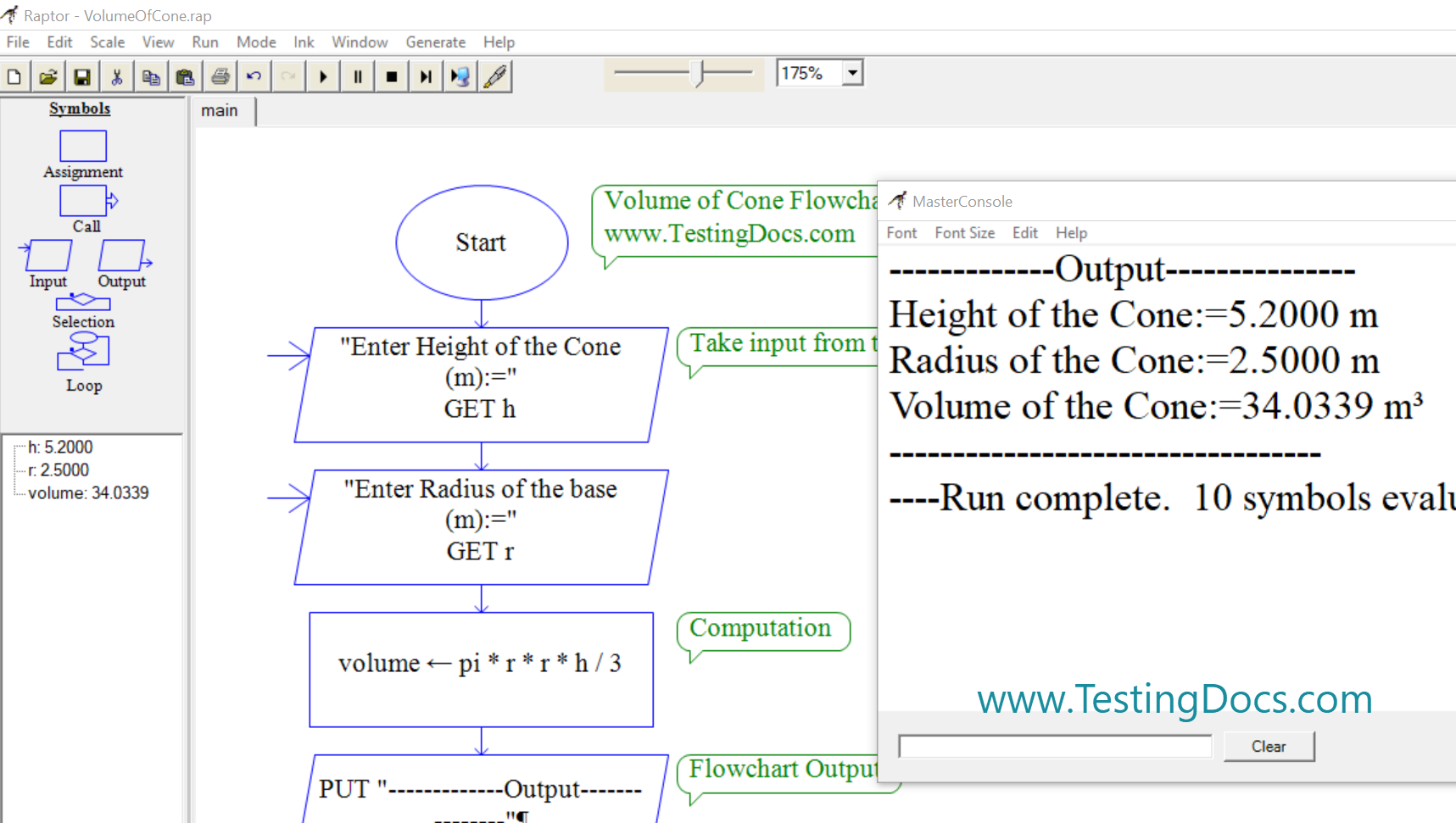 Voume of Cone Flowchart Output