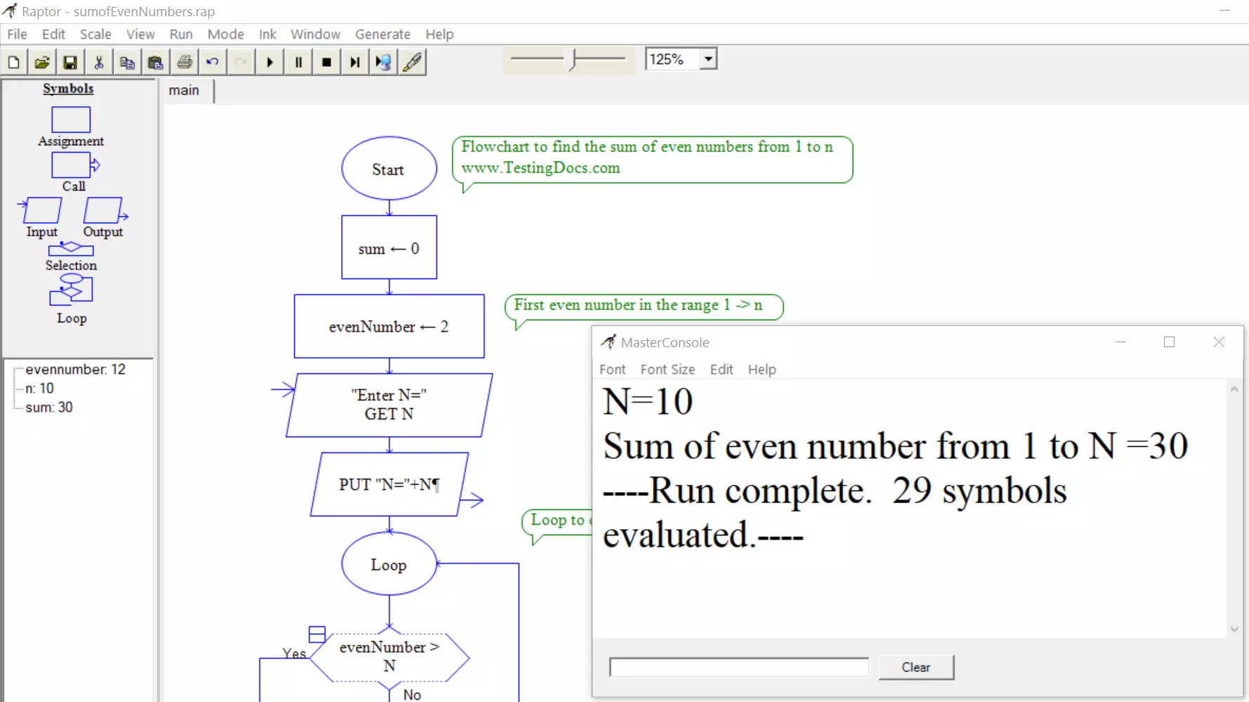 raptor flowchart ouput even numbers sum