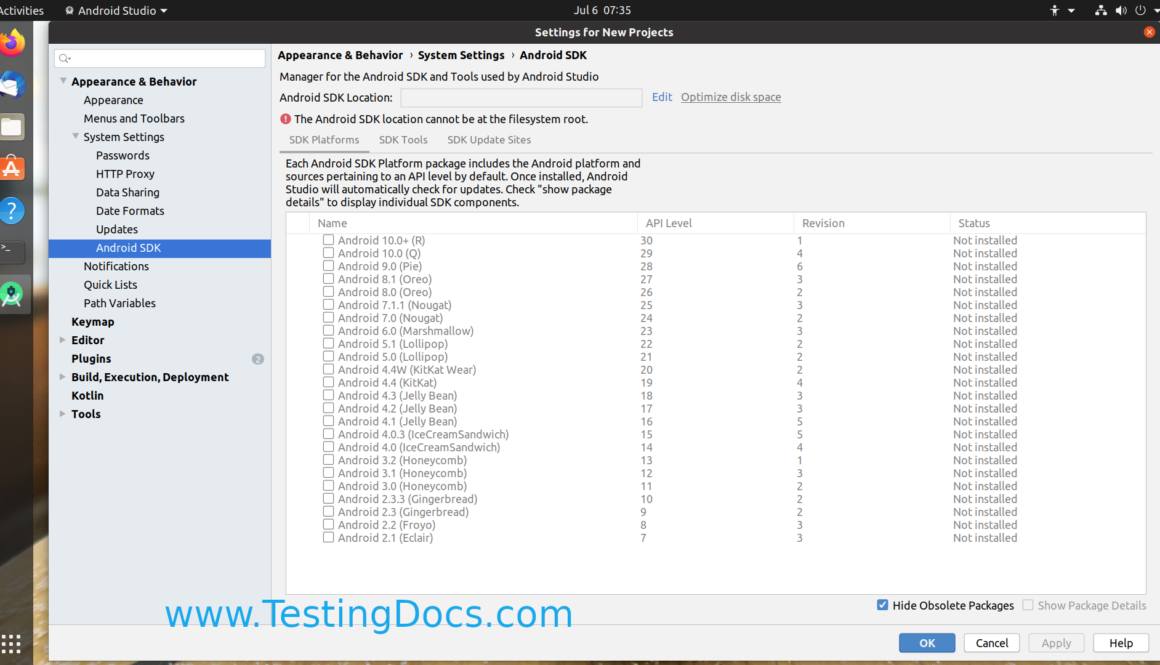 Android Studio New Project Settings on Ubuntu