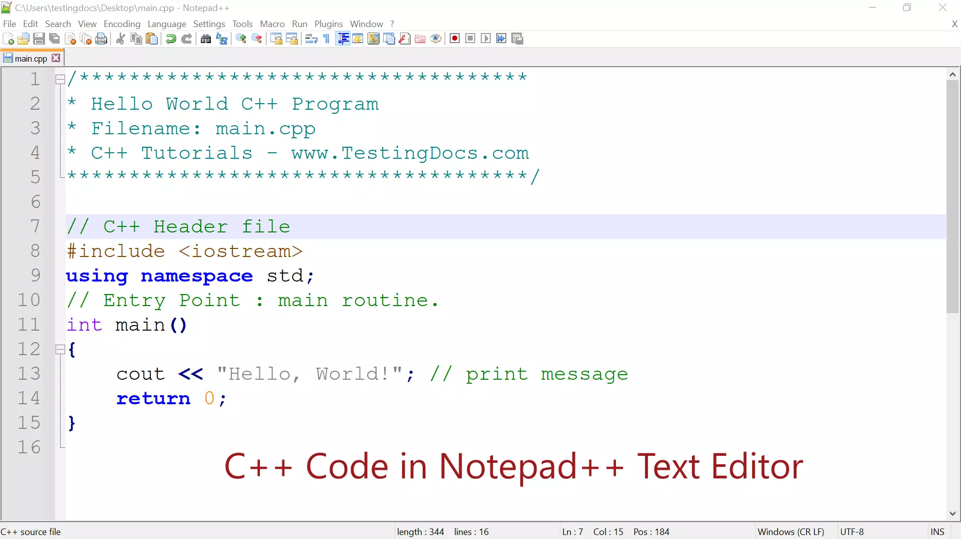 C++ Code in Notepad Text Editor