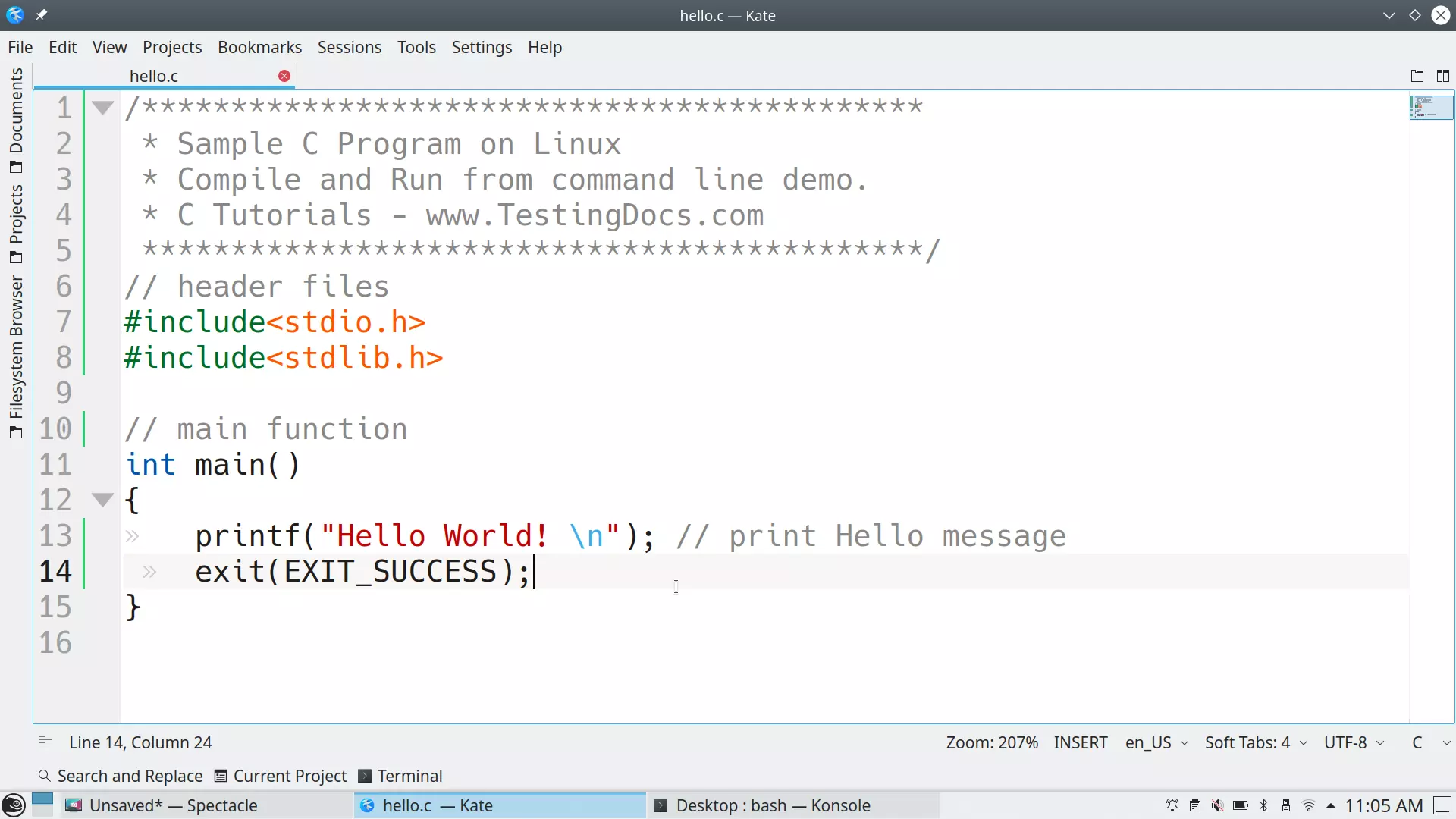 C Program Hello Linux Kate Editor
