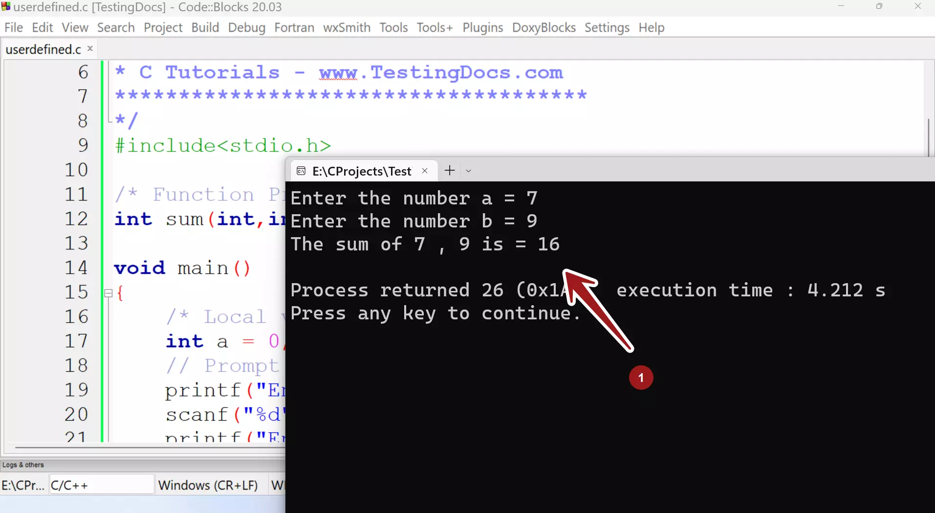 C User defined function program output