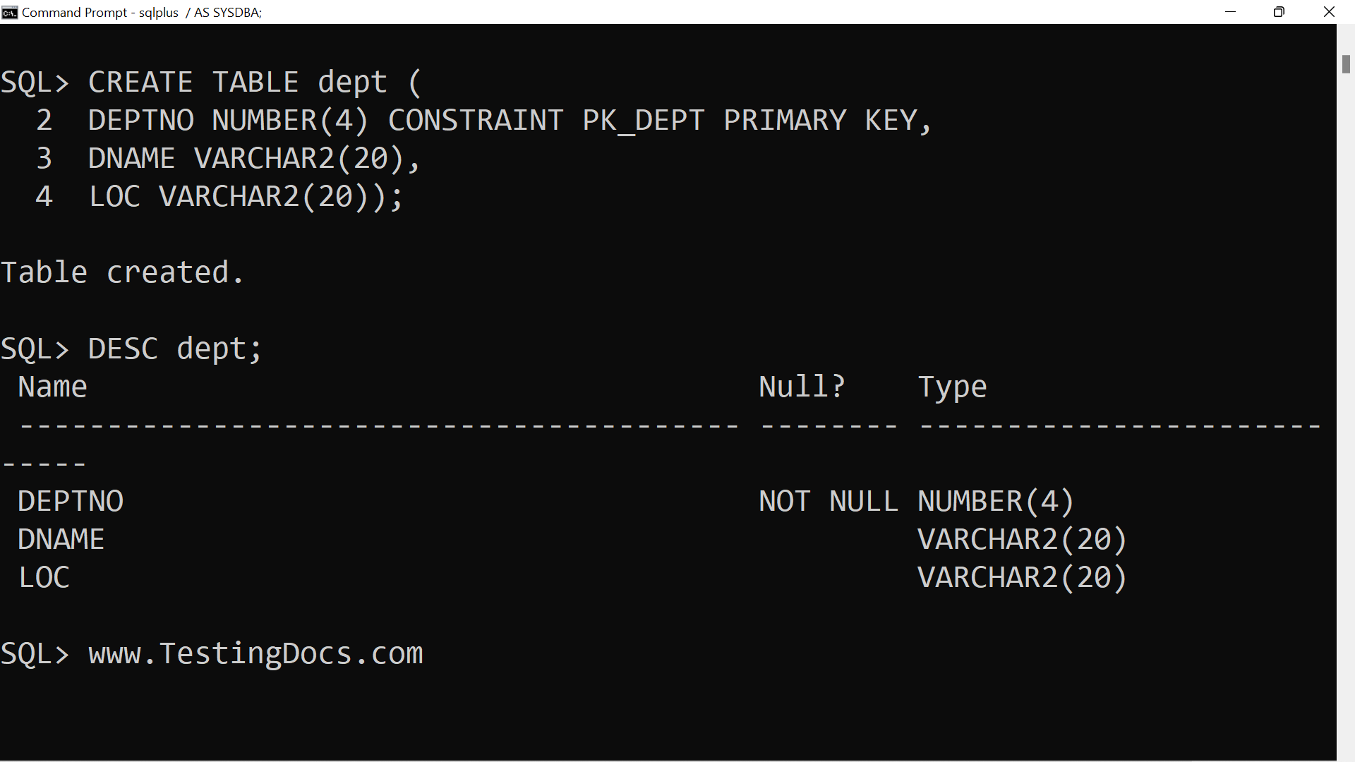 CREATE TABLE Statement Oracle SQL