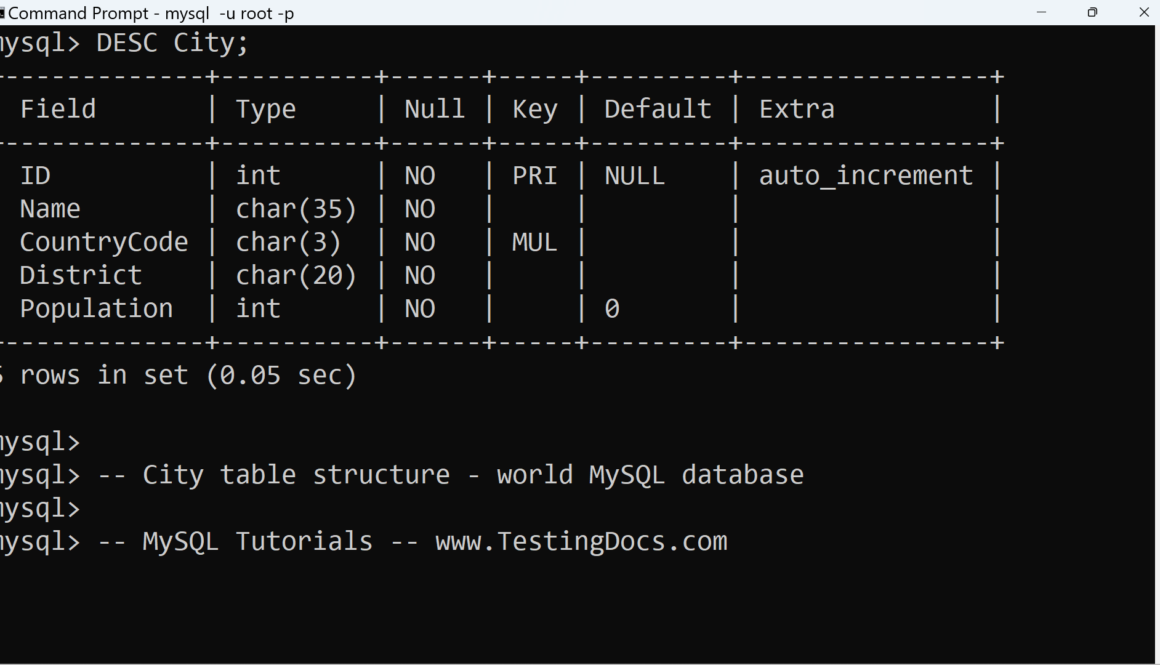 City Table Structure World Database