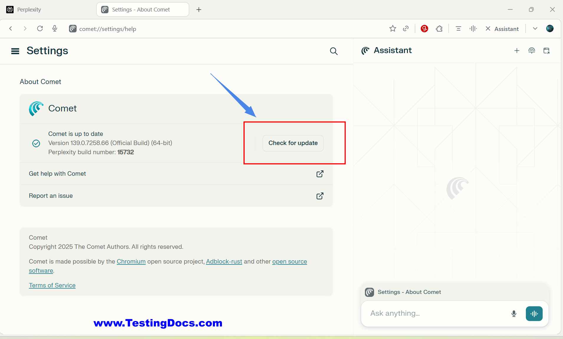 Comet Check for Update button