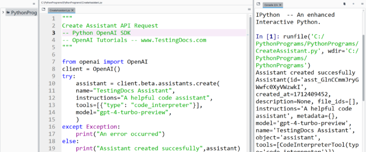 Create Assistant API Request