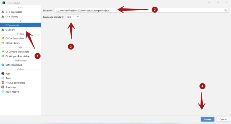 Create New CLion C Project - TestingDocs