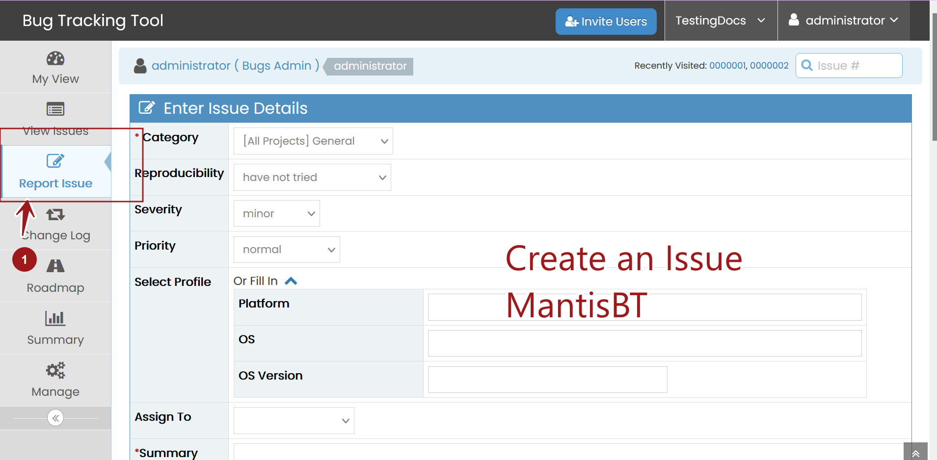 Create New Issue MantisBT