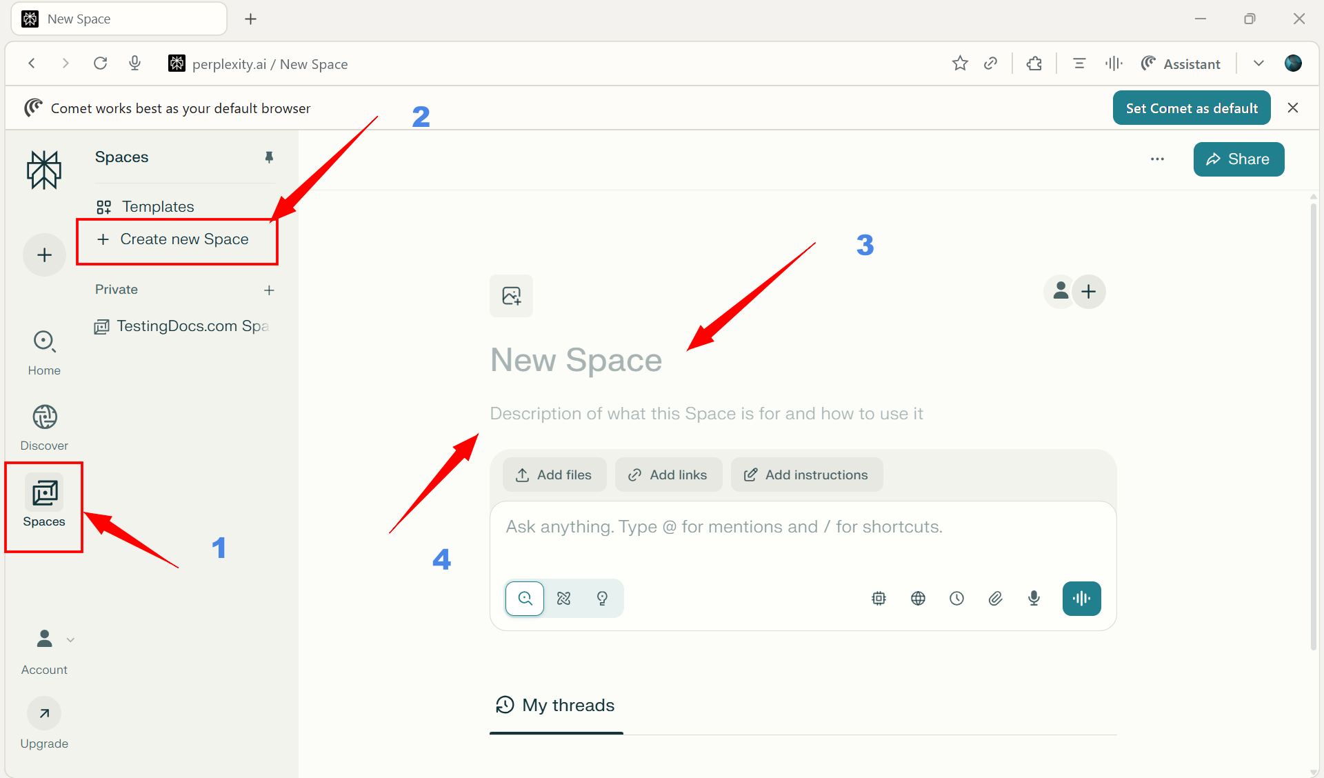 Create New Space Perplexity