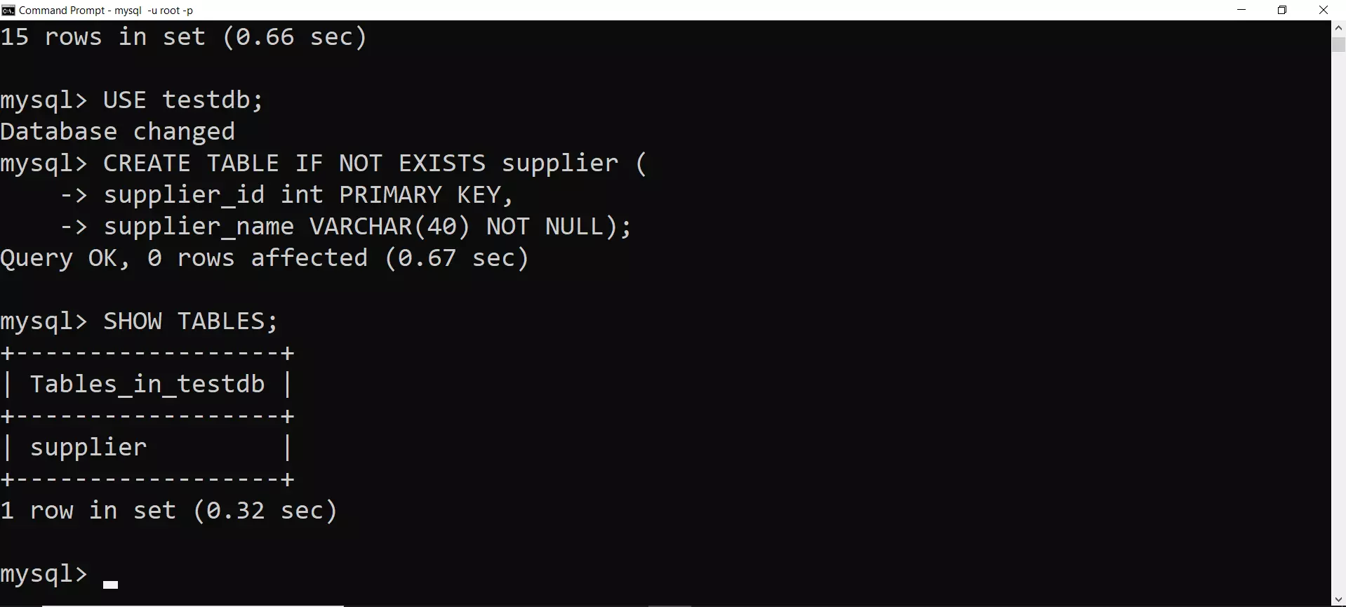 Create Table in MySQL database Win10