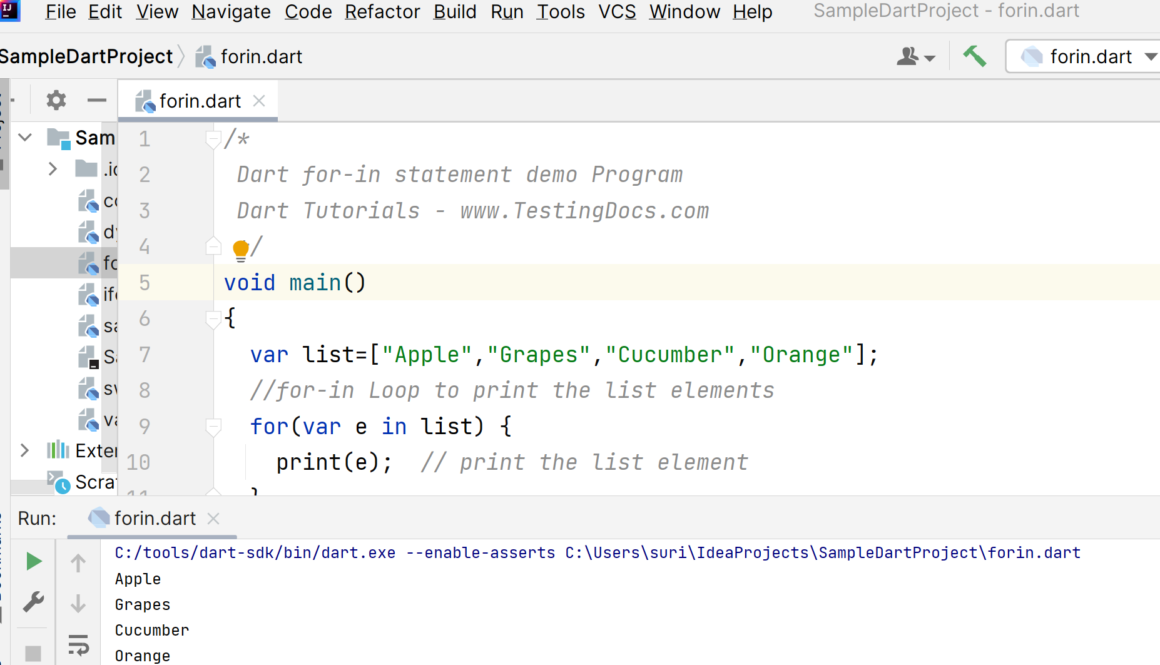 Dart for-in Loop Program