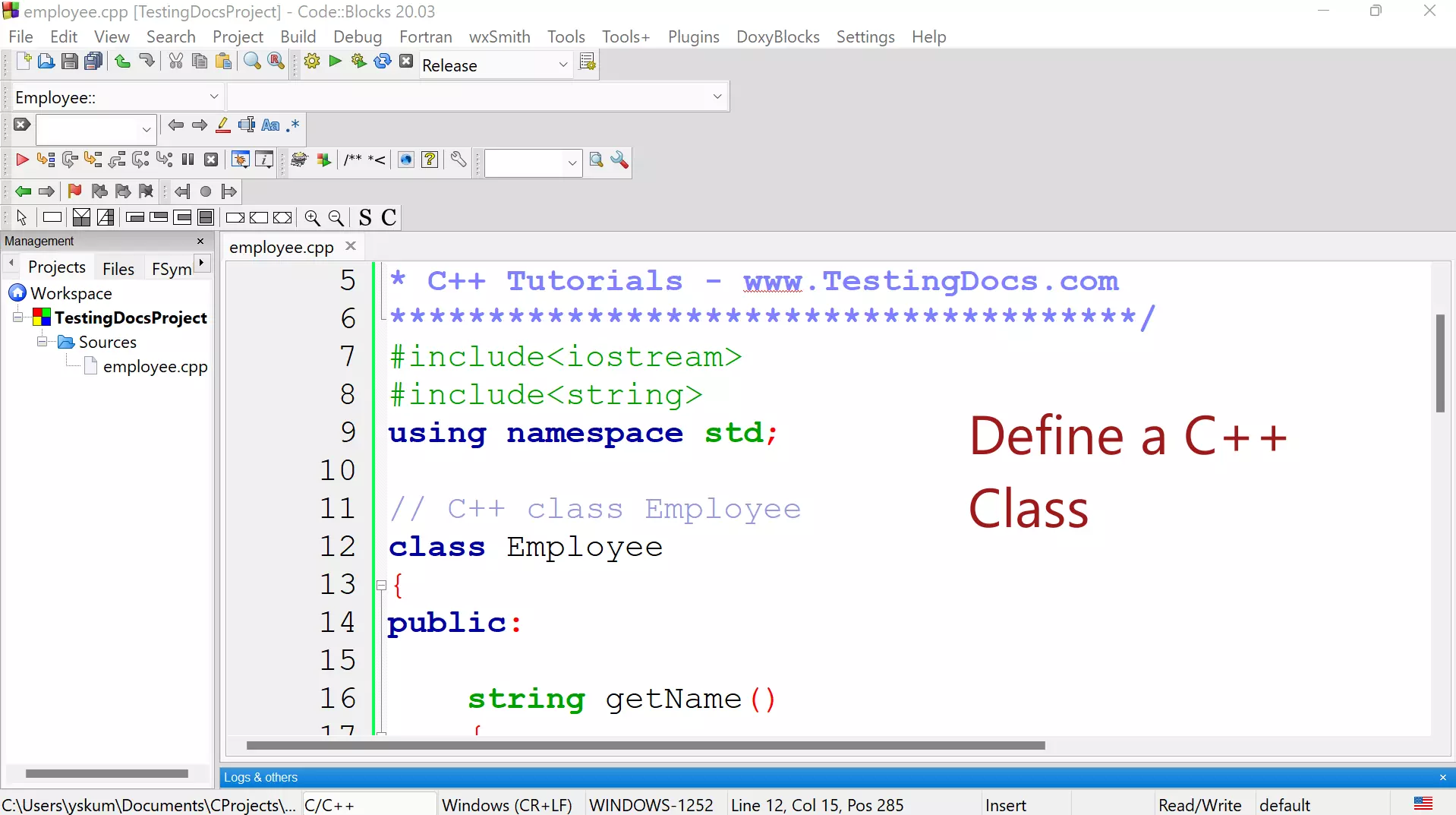 Define a C++ Class CodeBlocks