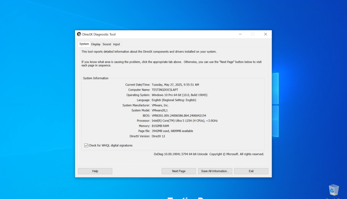 DirectX Diagnostic Tool Windows