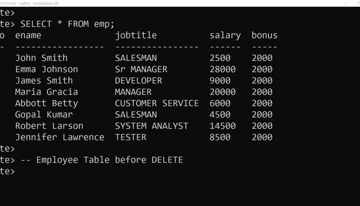 Emp Table Before DELETE SQLite