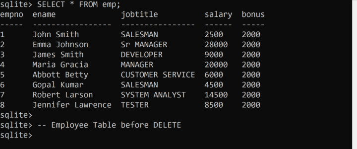 Emp Table Before DELETE SQLite