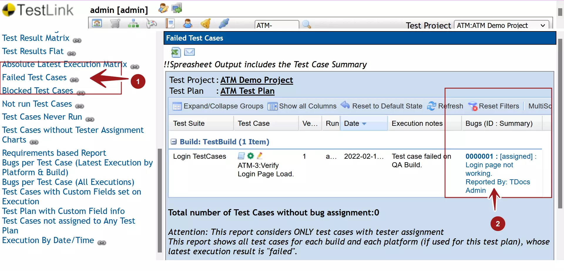 Failed Test Cases TestLink Test Report