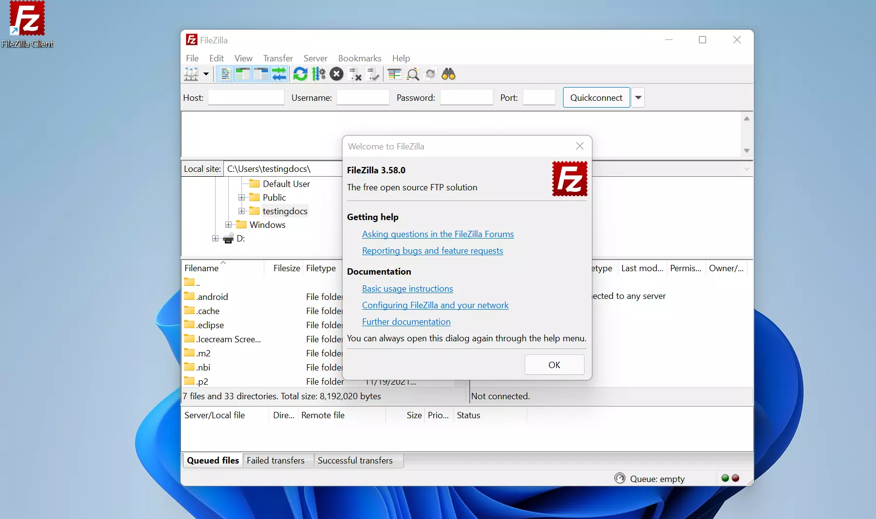 FileZilla on Windows 11 OS