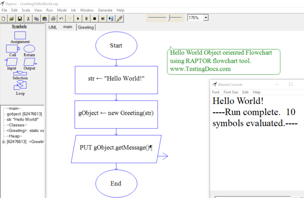 Hello World Object Oriented Flowchart - TestingDocs.com