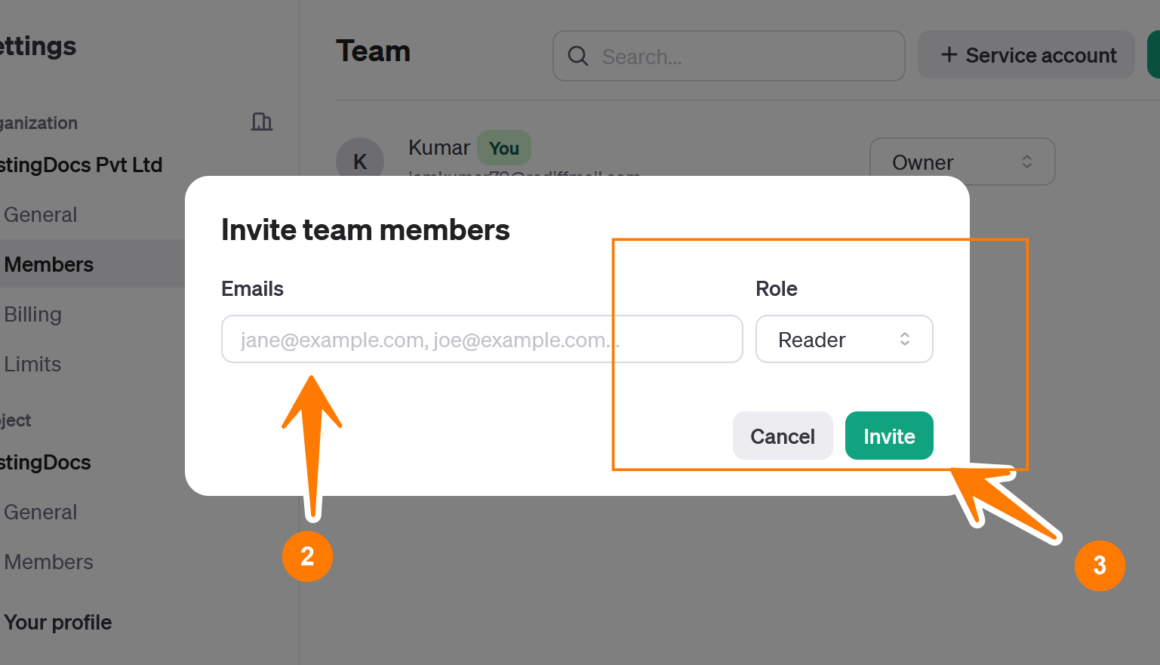 Invite team members to OpenAI Project
