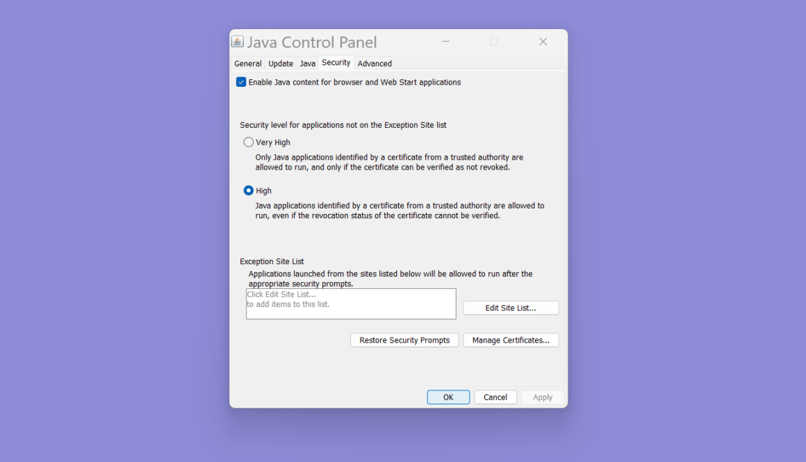 Java Control Panel Security tab