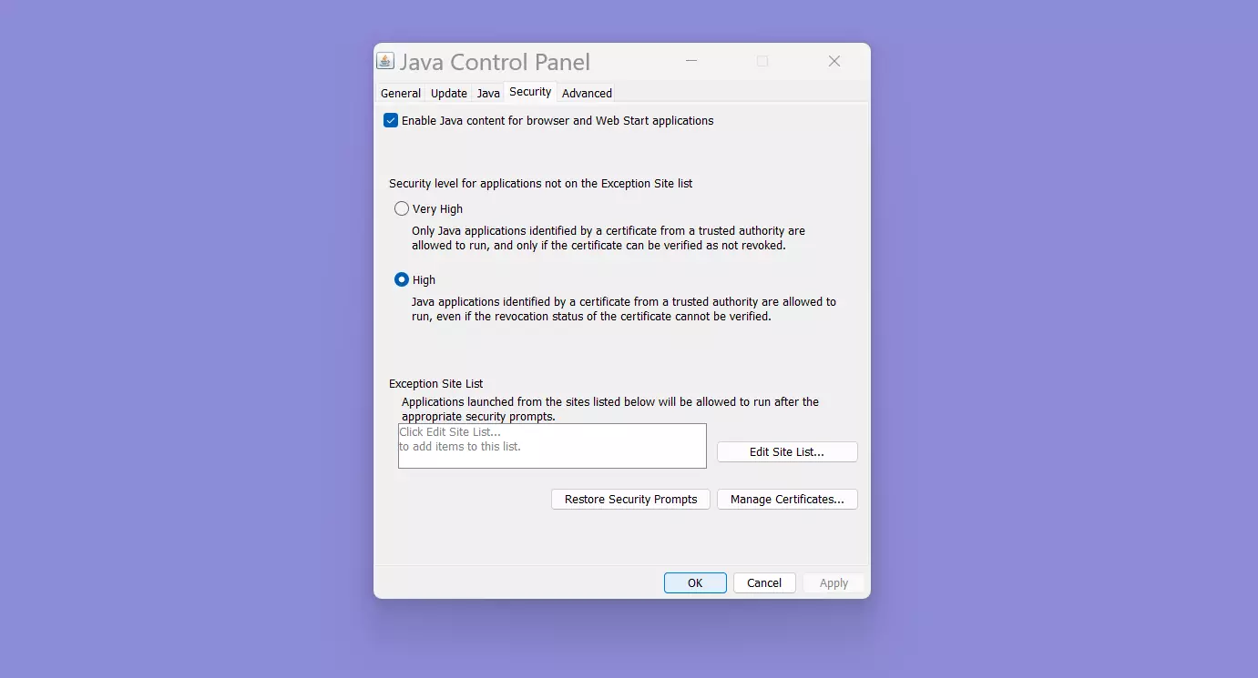 Java Control Panel Security tab