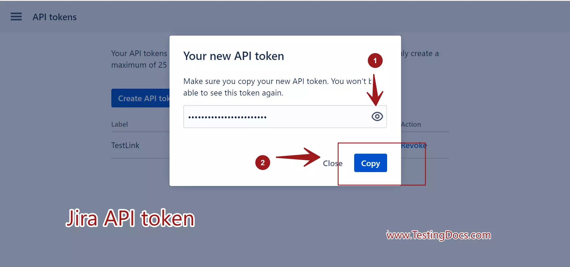 Jira API Token Copy Screen