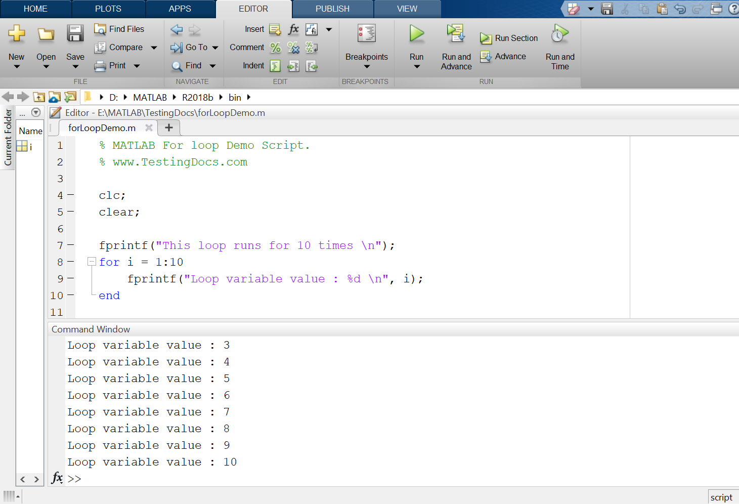 MATLAB For Loop Script