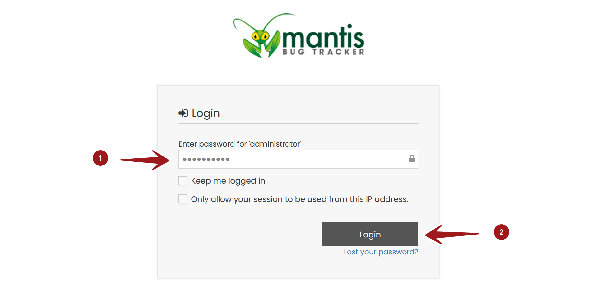 MantisBT Enter Password Screen
