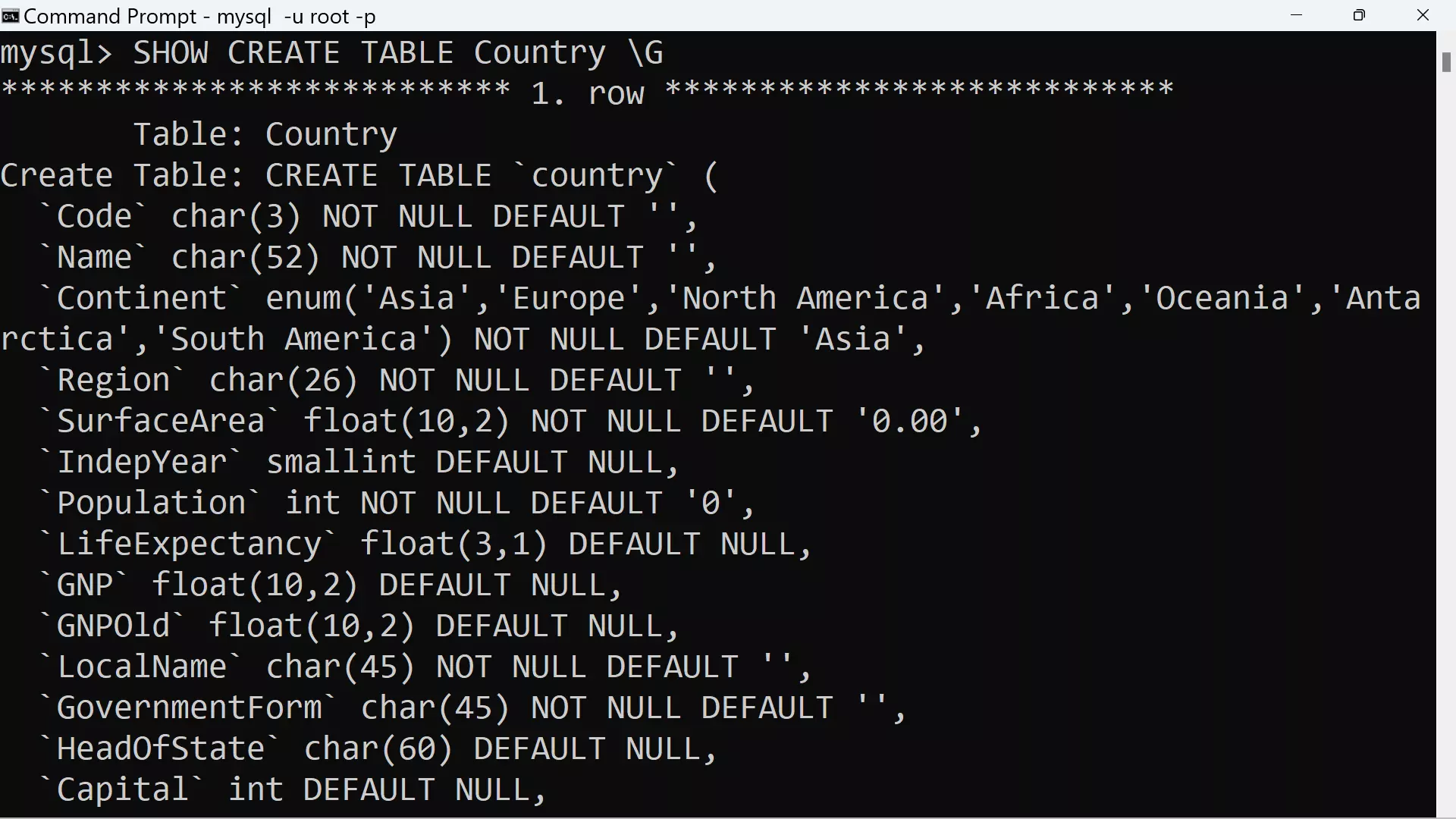 MySQL SHOW CREATE TABLE Statement