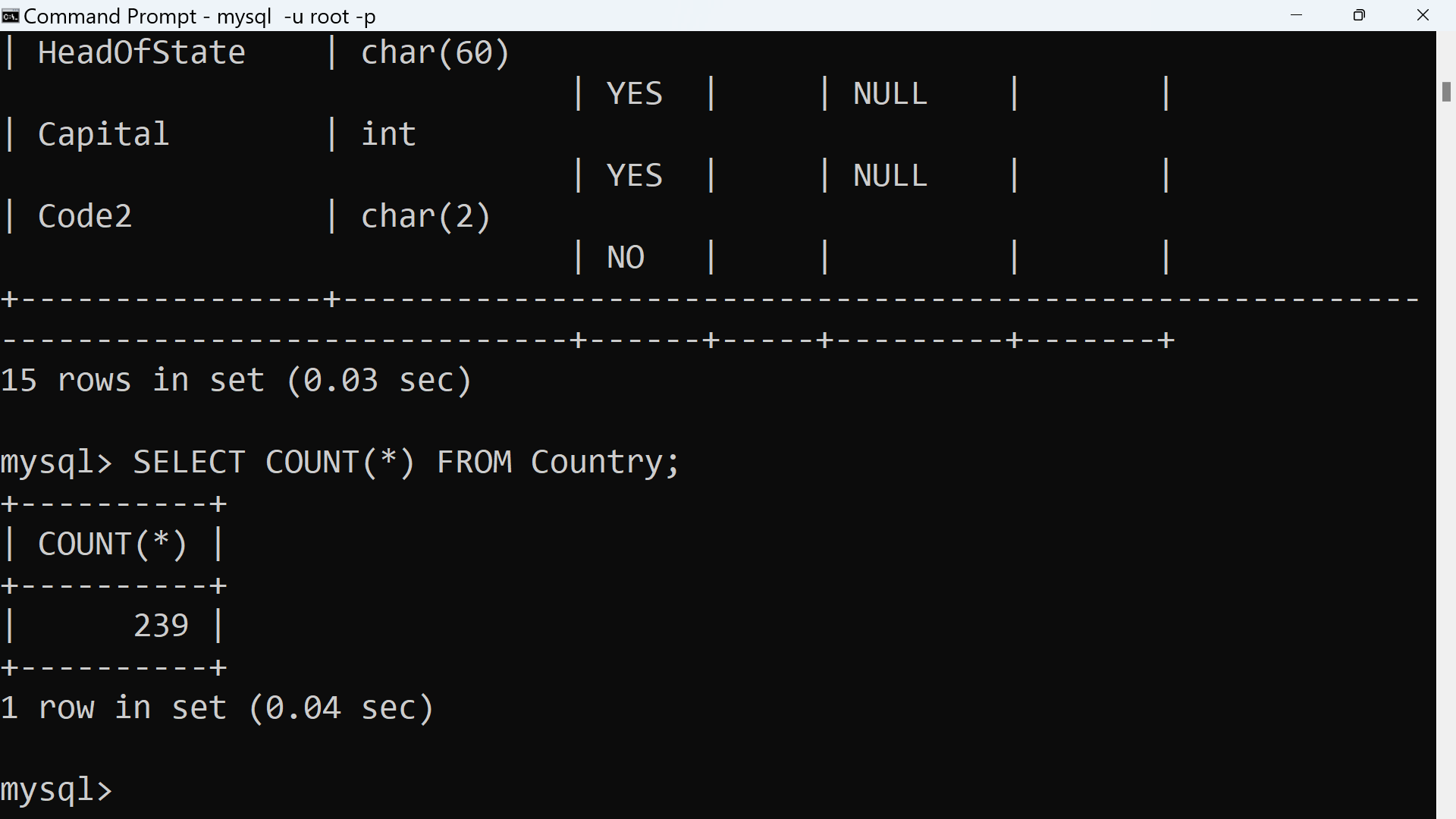 MySQL World Country Table Row Count