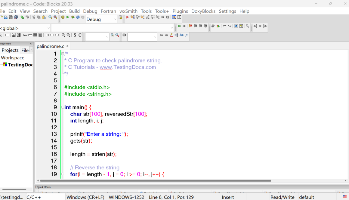 Palindrome String C Program