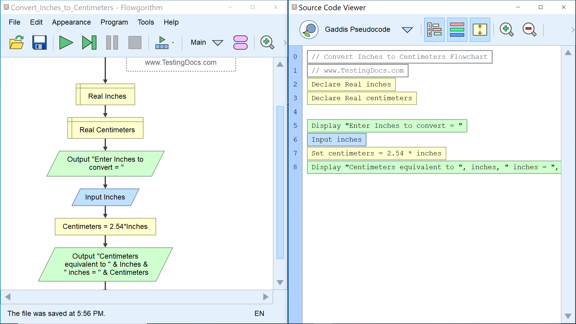 Psuedocode Inches to Centimeters Flowgorithm