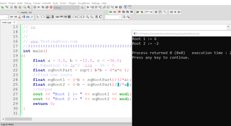 C++ Program to Find Quadratic Equation Roots | TestingDocs
