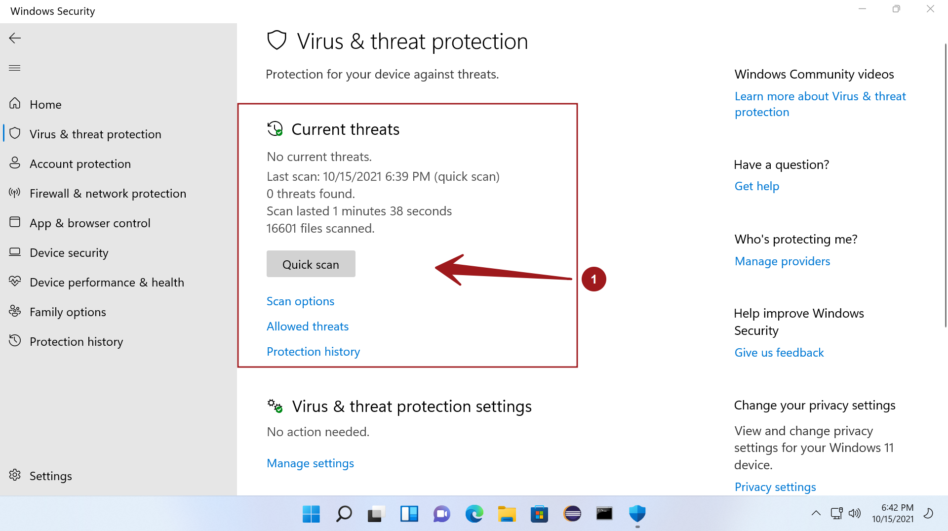 Quick virus scan Windows 11 OS
