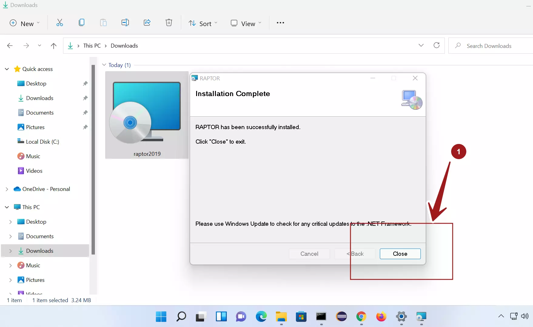 Raptor Install Close Windows 11 Screen3
