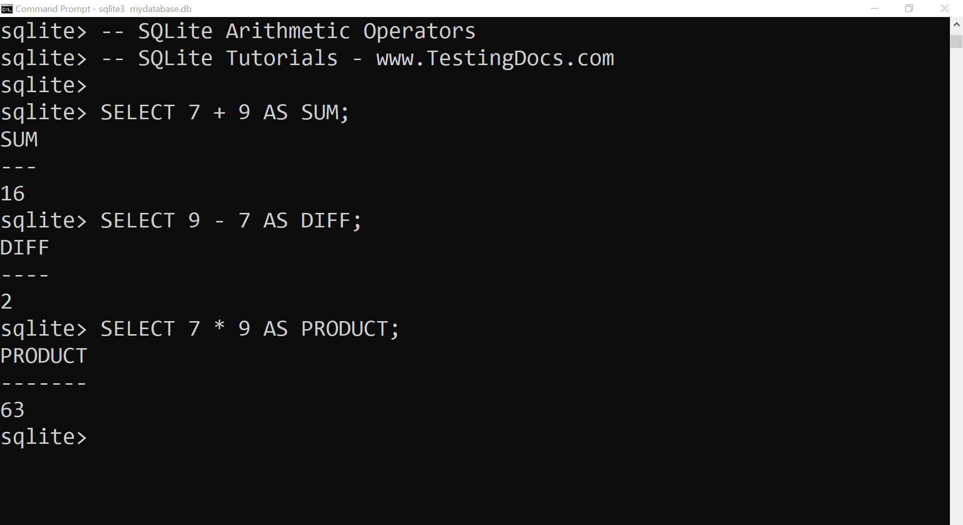 SQLite Arithmetic Operators