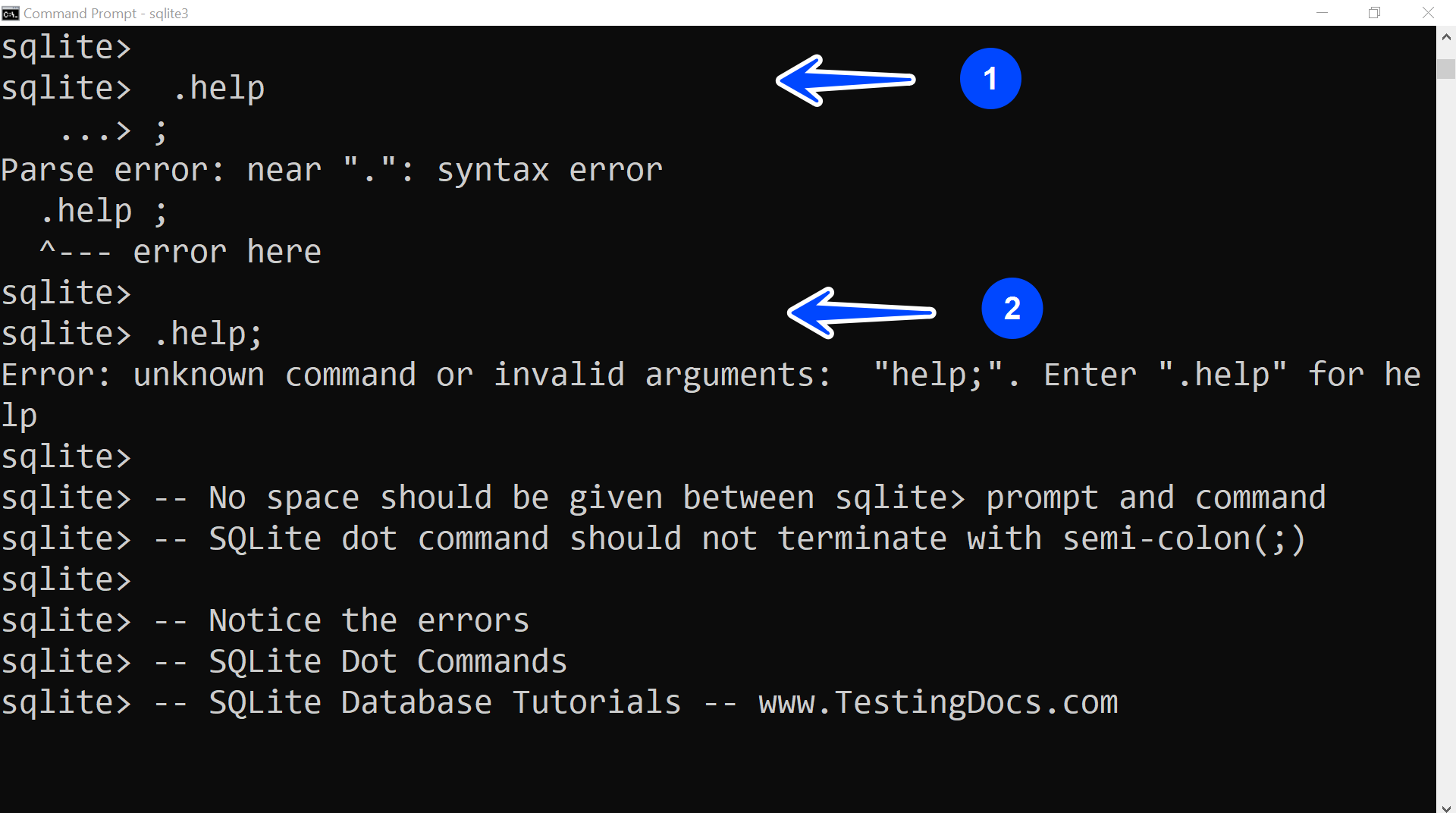 SQLite Dot Commands Invalid Syntax