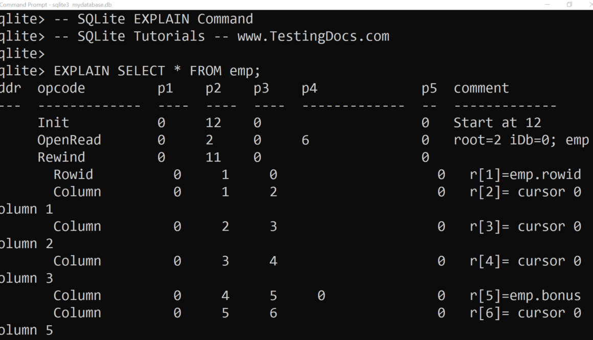 SQLite EXPLAIN Statement