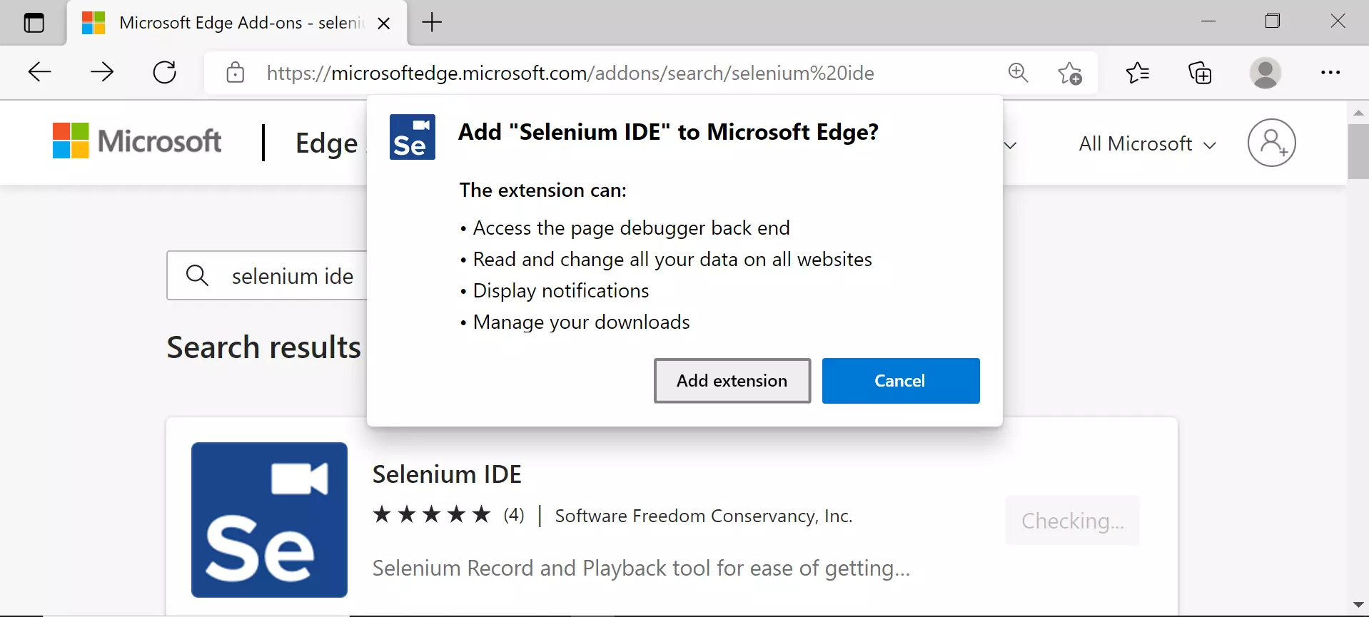 Selenium IDE Add Extension Edge TestingDocs