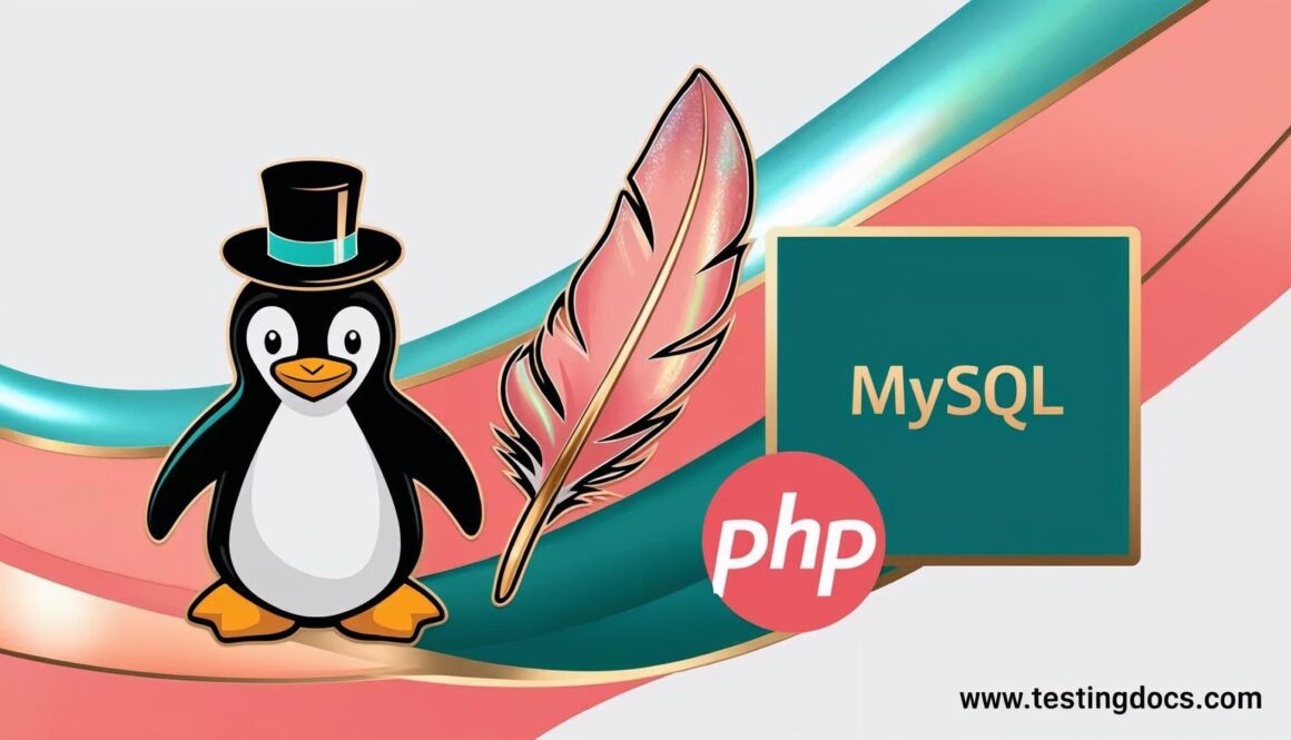The LAMP stack components—Linux penguin, Apache, MySQL database, and PHP logo