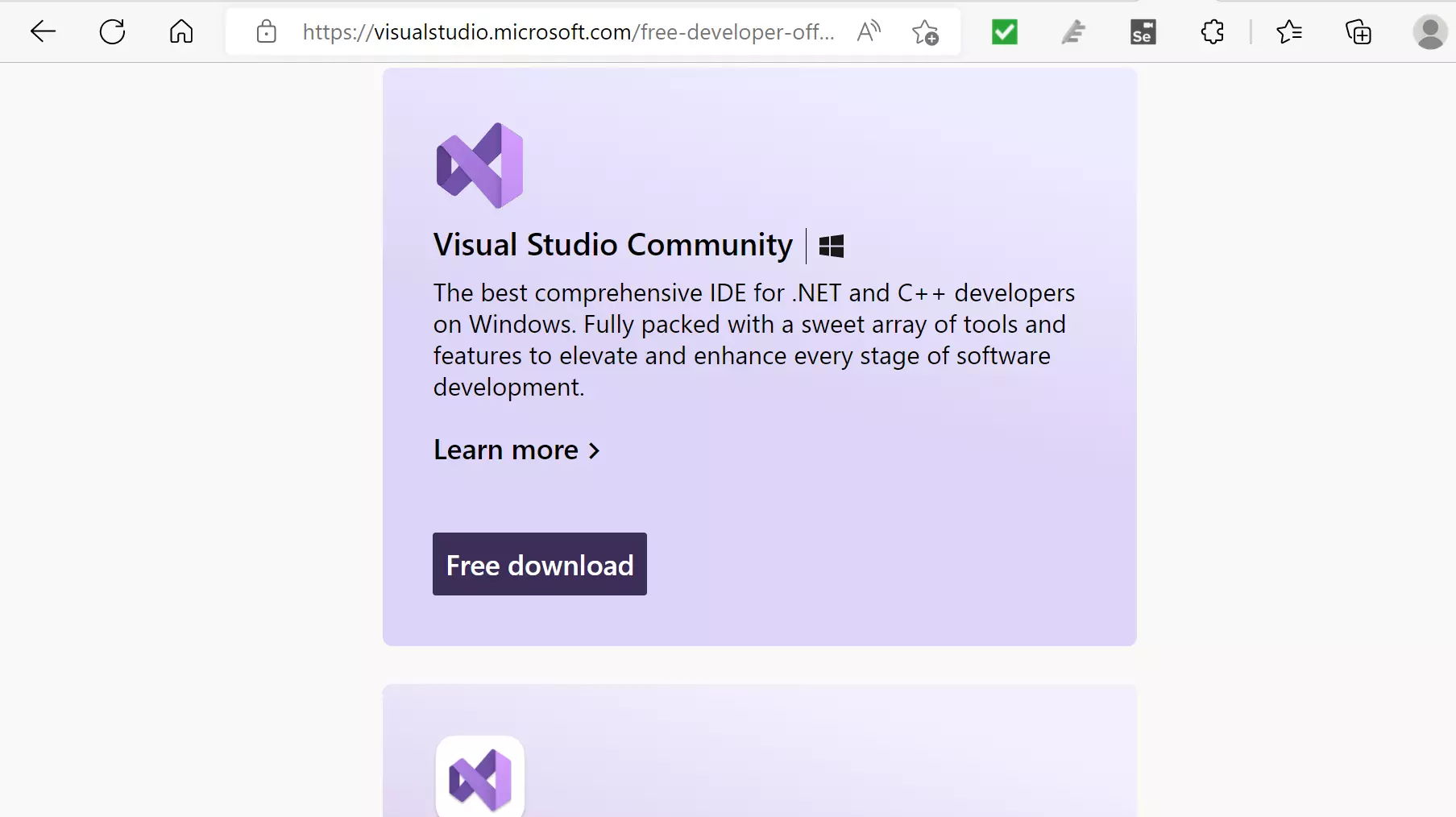 Visual Studio Community IDE Webpage