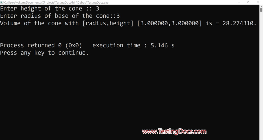 C Program to compute Volume of the Cone | TestingDocs