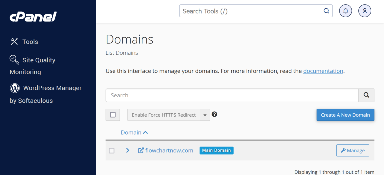 A screenshot of the domain management interface in cPanel