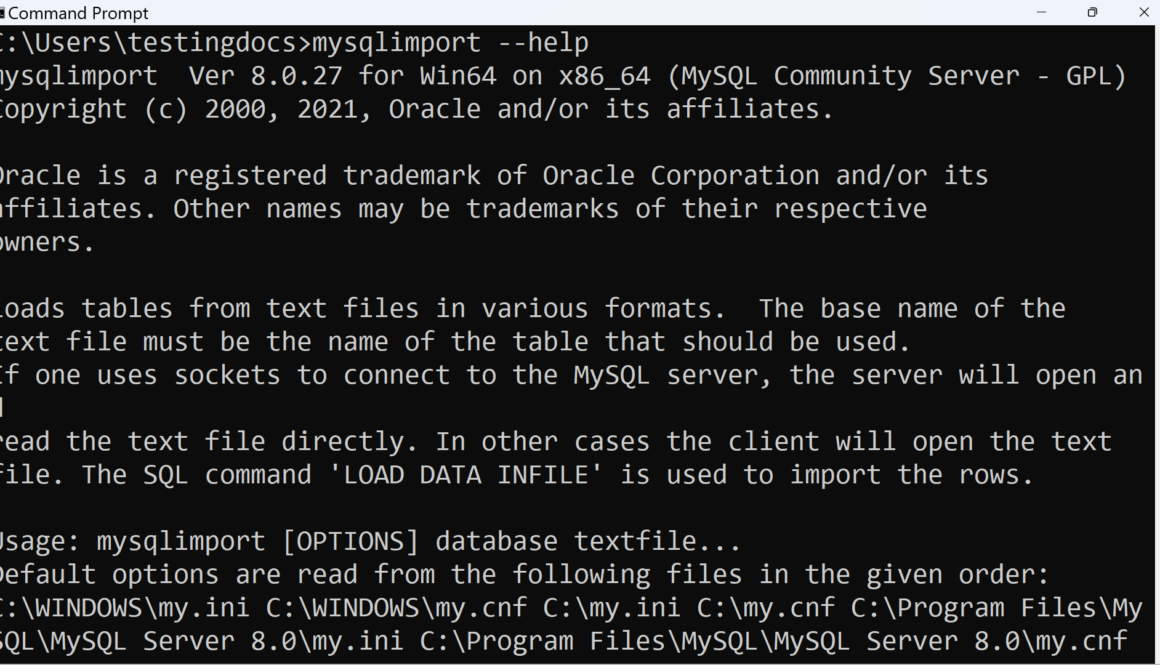 mysqlimport help option commandline