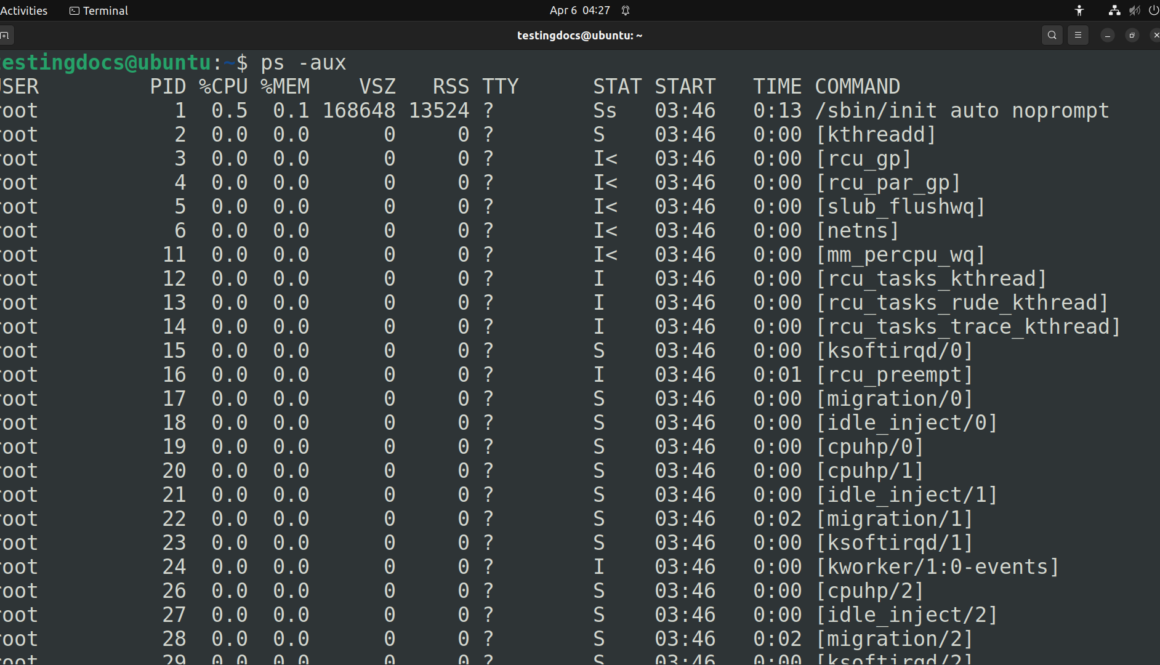 ps aux command CPU second column